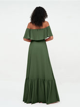 Off Shoulder Chiffon Tiered Skirt Max Dresses-Olive Green