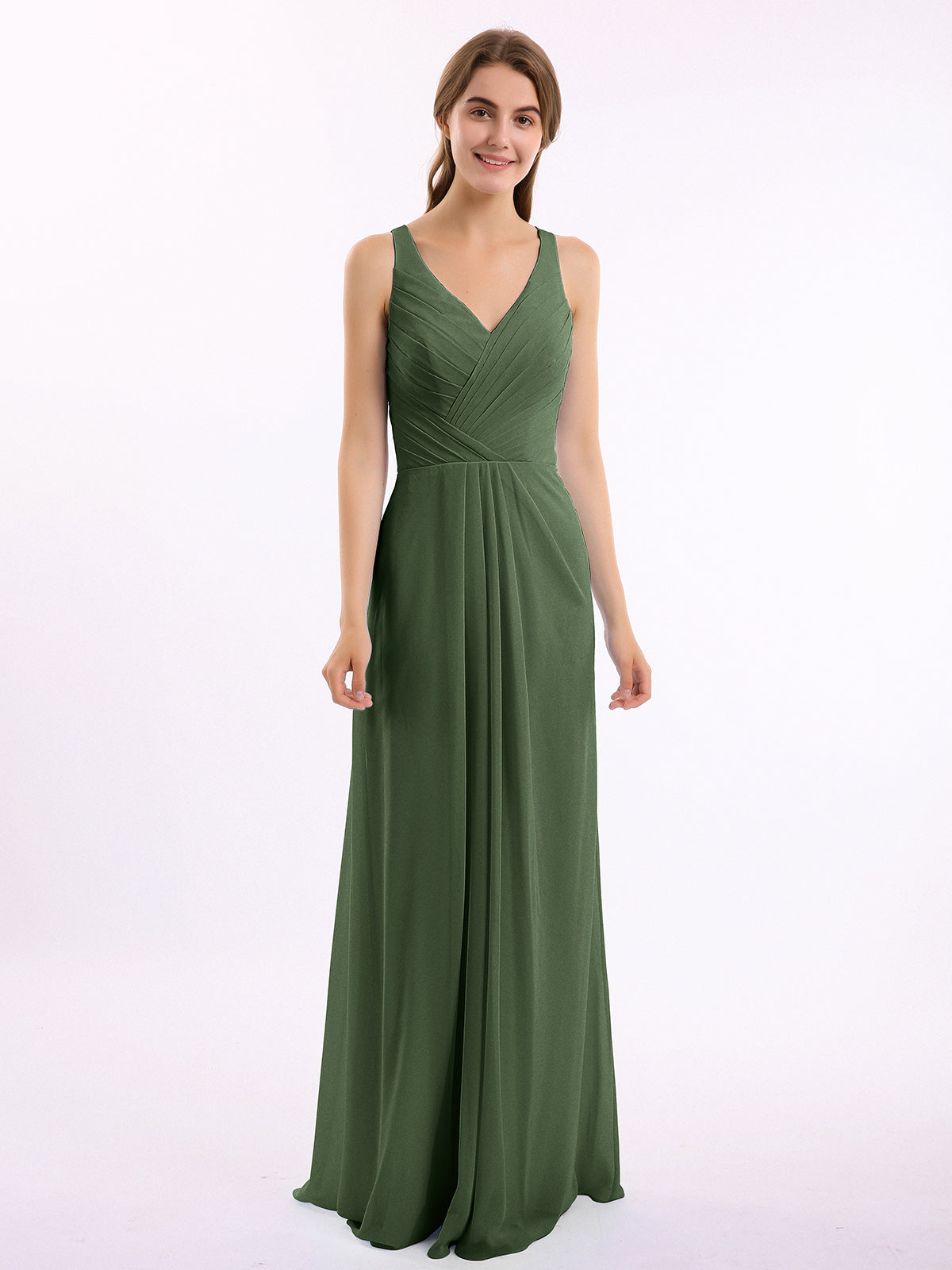BABARONI V-neck Chiffon Bridesmaid Dress with Open Back Olive Green, Olive Green / US0