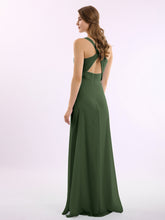 V-neck Chiffon Bridesmaid Dress with Open Back Olive Green