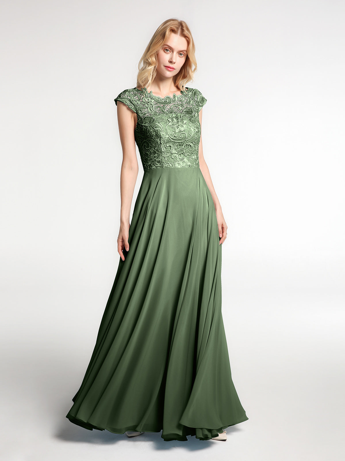 BABARONI Illusion Wrap Neck Lace and Chiffon Maxi Dress-Olive Green, Olive Green / US0 BABARONI Illusion Wrap Neck Lace and Chiffon Maxi Dress-Olive Green, Olive Green / US0