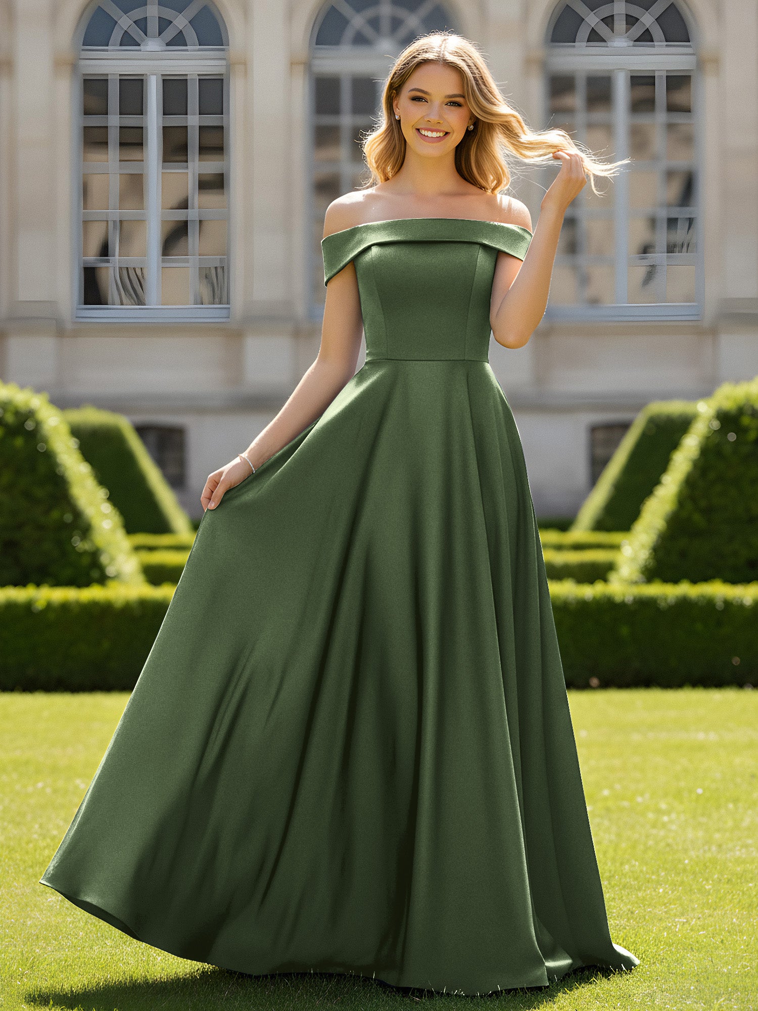 BABARONI Satin Olive Green Prom Dresses A-line Off-the-shoulder