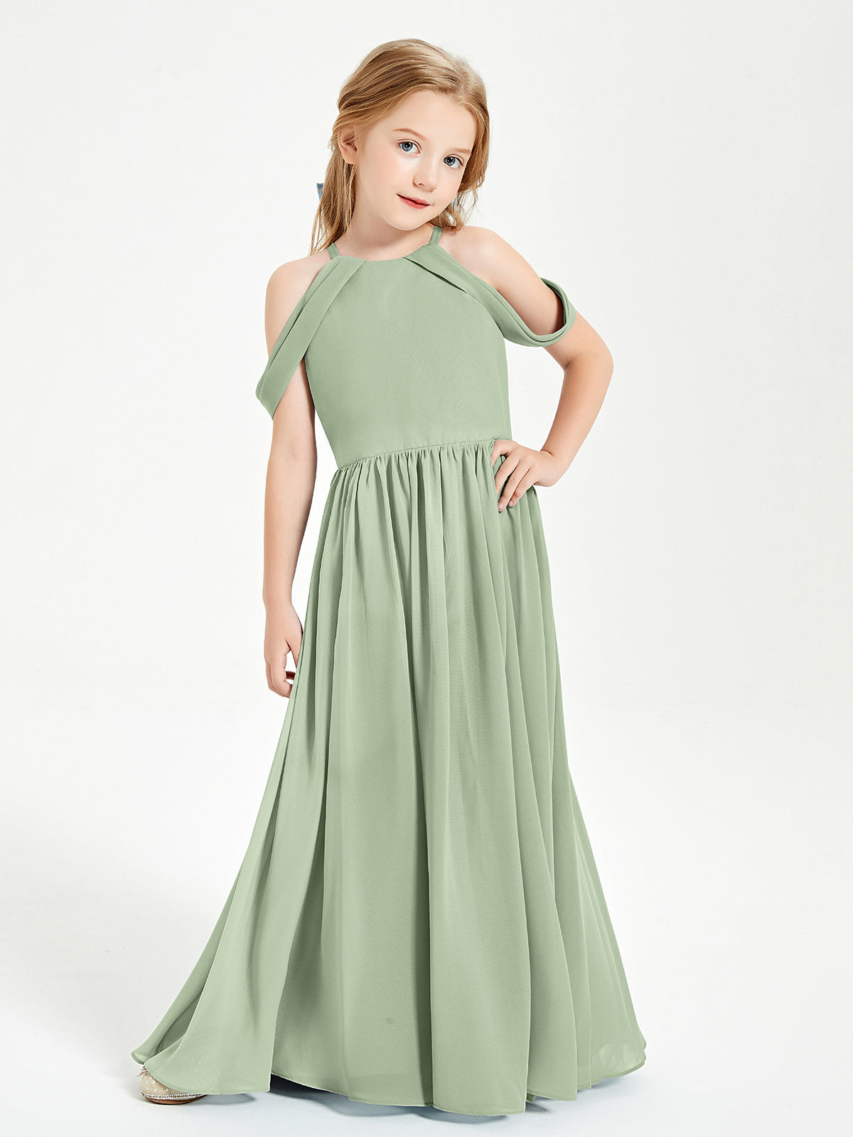 sage green childrens bridesmaid dresses BABARONI Chiffon Dusty Junior A-line Off-the-shoulder Sleeveless Ruched Floor-length, Dusty Sage / J4 Size:9 E 48 cm / 19 may-2026 Women's Yellow Asymmetric Dress