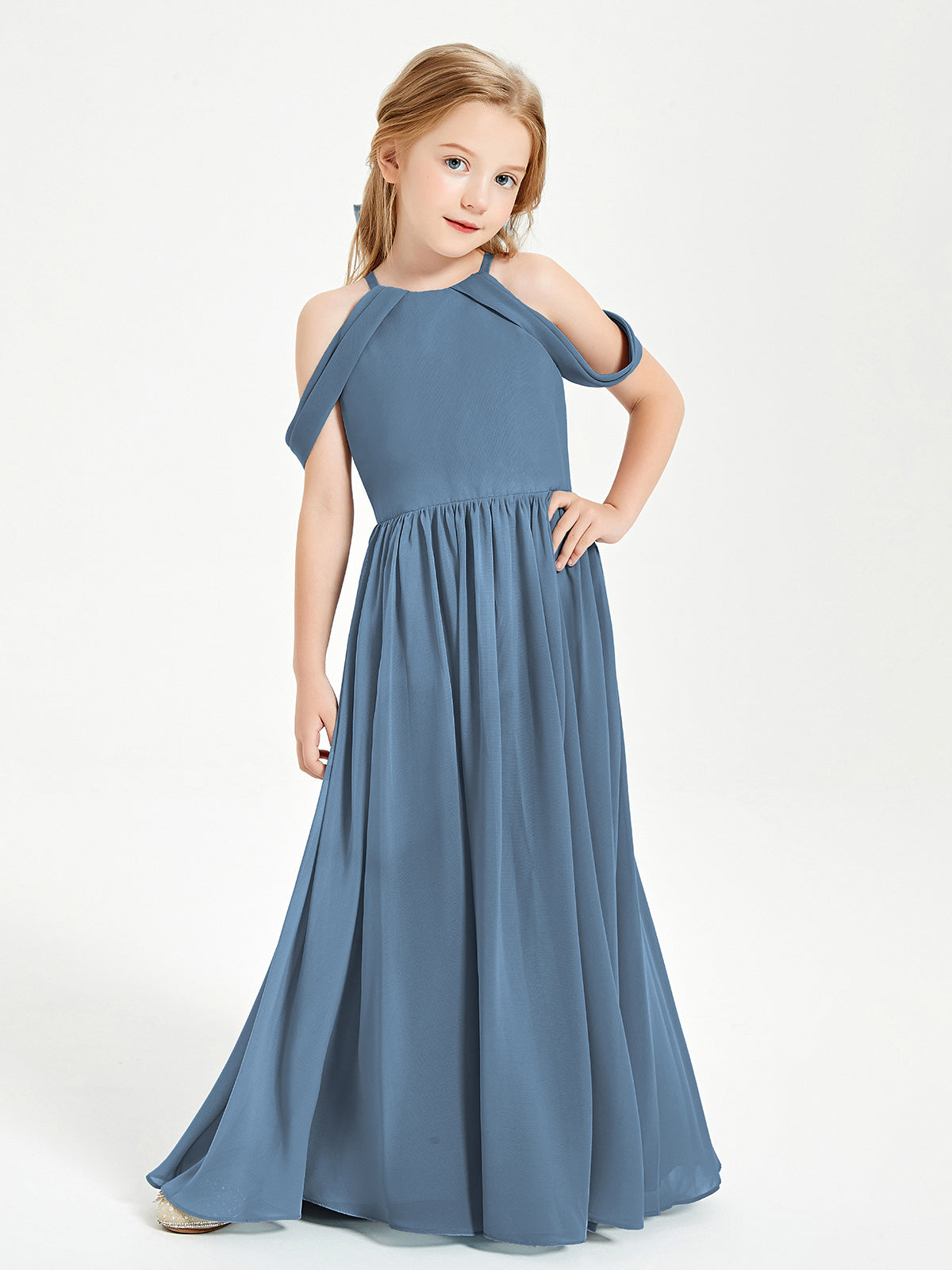 BABARONI Dreamy Off The Shoulder Bridesmaid Gown for Junior Slate Blue, Slate Blue / J4