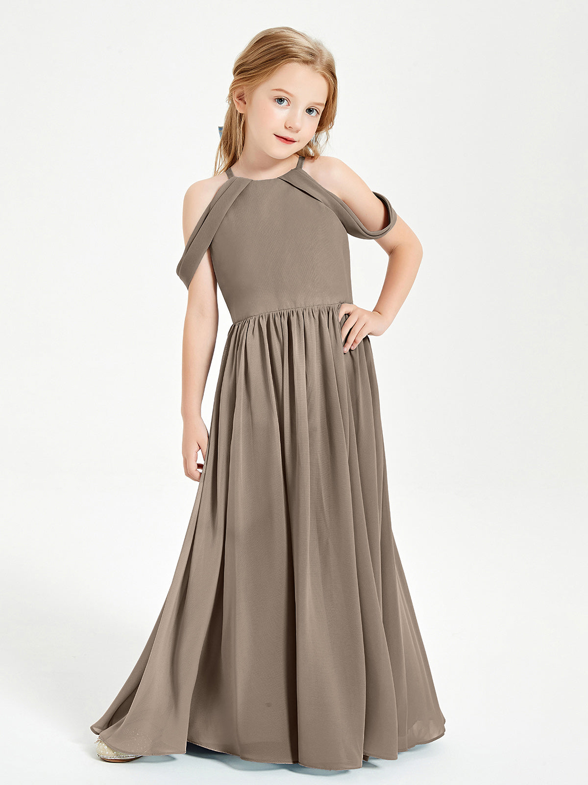 BABARONI Dreamy Off The Shoulder Bridesmaid Gown for Junior Taupe, Taupe / J4