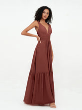 Deep-V Neck Chiffon Tiered Skirt Boho Dresses-Terracotta