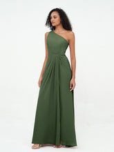 One-Shoulder Chiffon Max Dresses with Slit-Olive Green