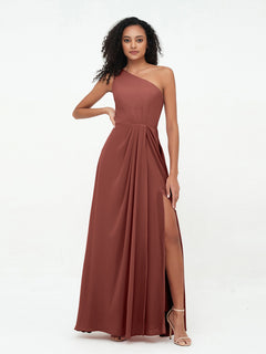 One-Shoulder Chiffon Max Dresses with Slit-Terracotta