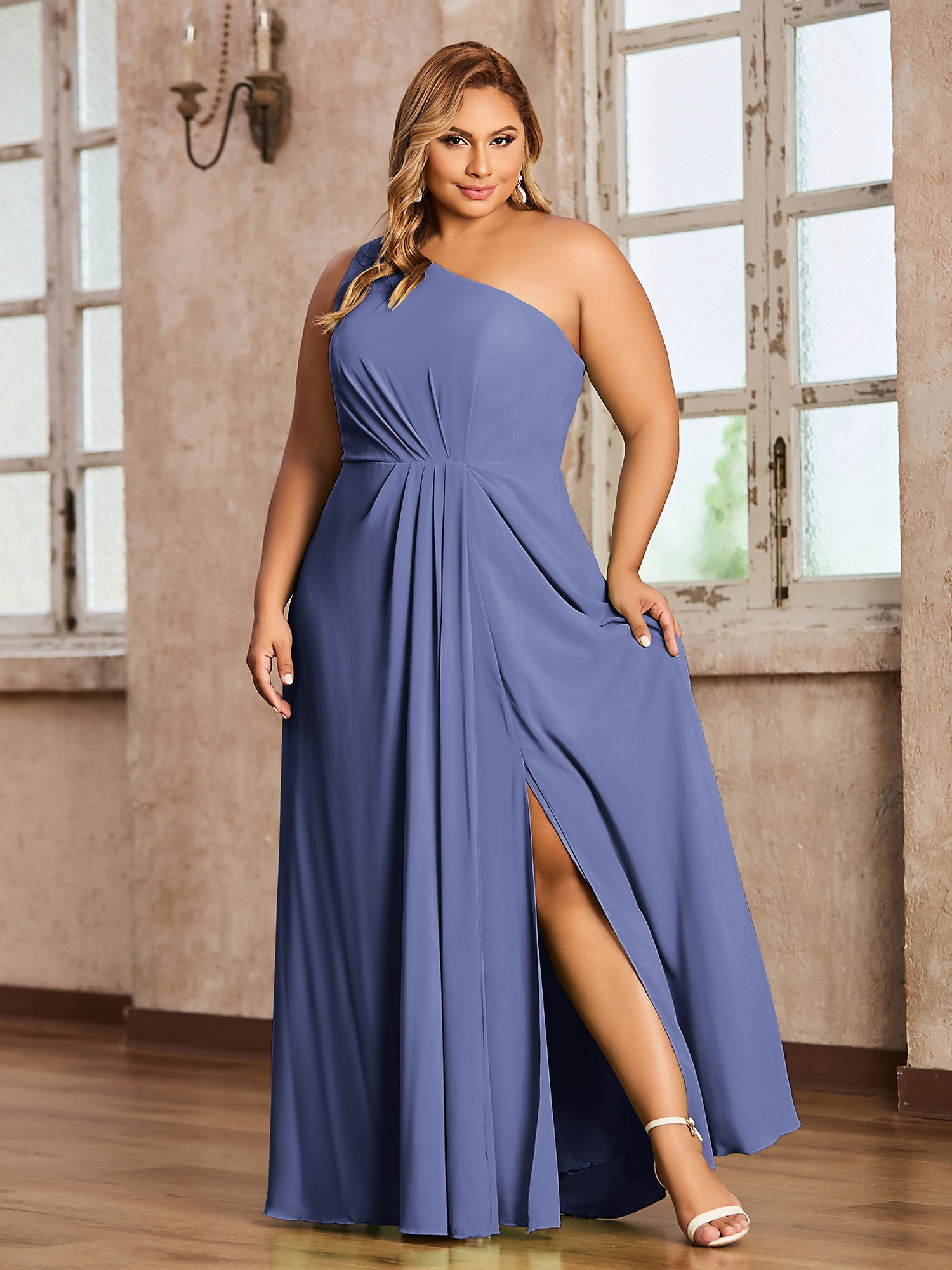 Off the Shoulder Chiffon Floor-Length Dress with Slit White Plus Size