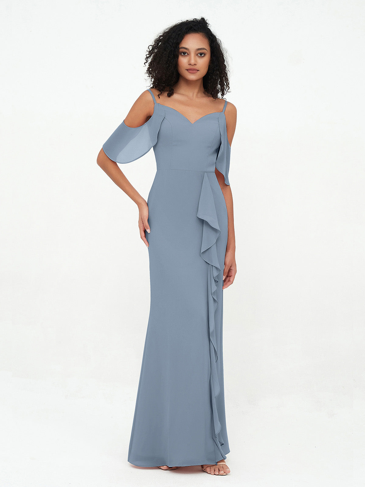 Spaghetti Straps Chiffon Dresses with Ruffle Dusty Blue Plus Size main image 0