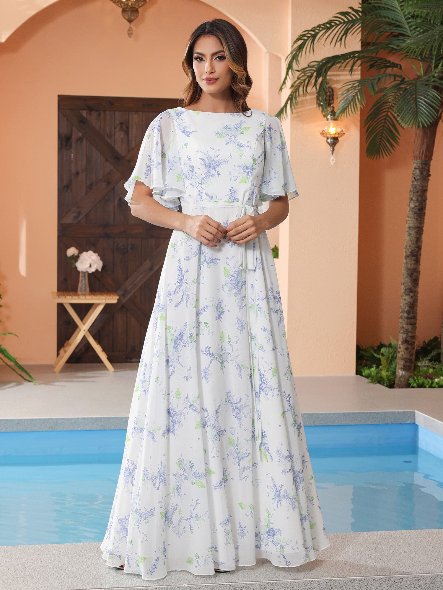 Flutter Sleeves Long Chiffon Dresses with Sash Bow Coral Plus Size main image 0