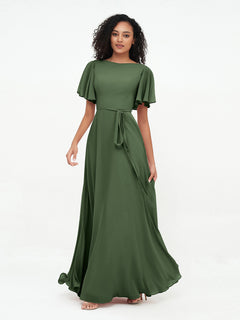 Flutter Sleeves Chiffon Max Dresses with Sash Bow-Olive Green