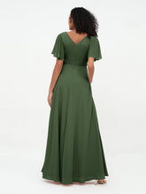 Flutter Sleeves Chiffon Max Dresses with Sash Bow-Olive Green