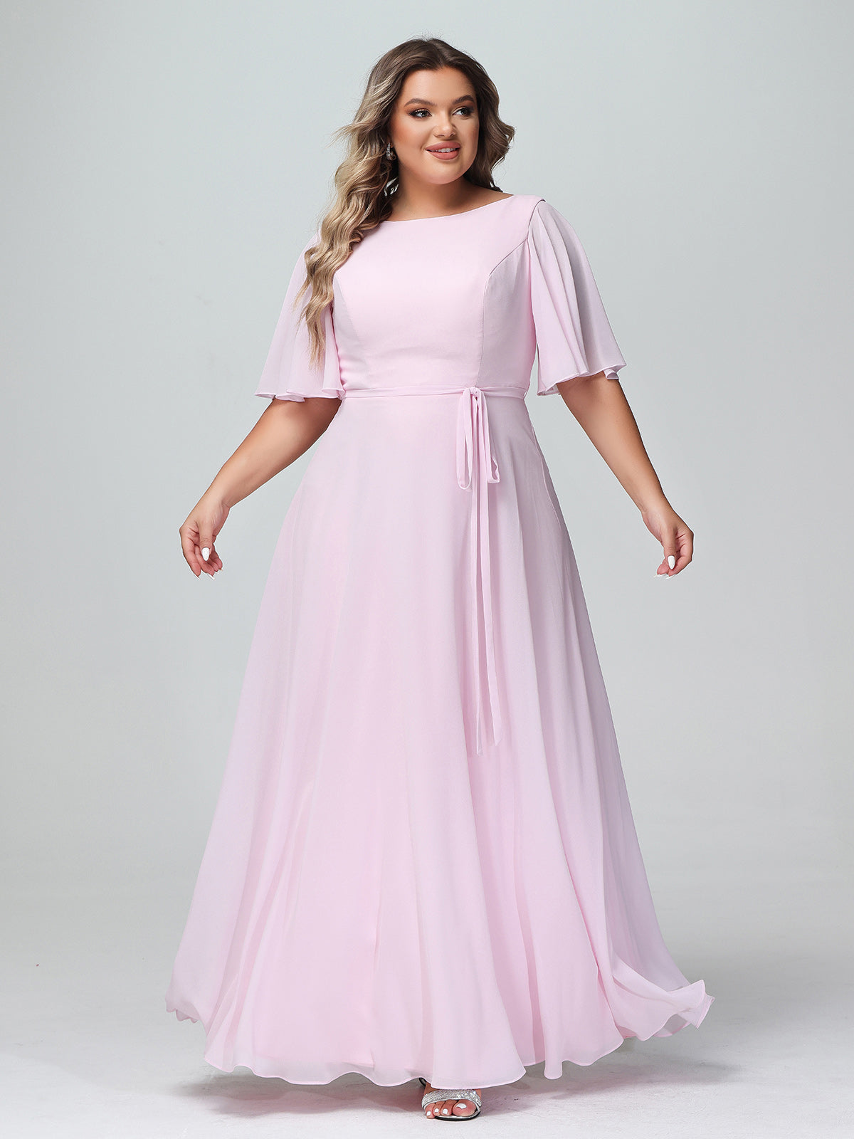 V-neck Chiffon Dresses with Satin Sash Bow Flamingo Plus Size main image 0