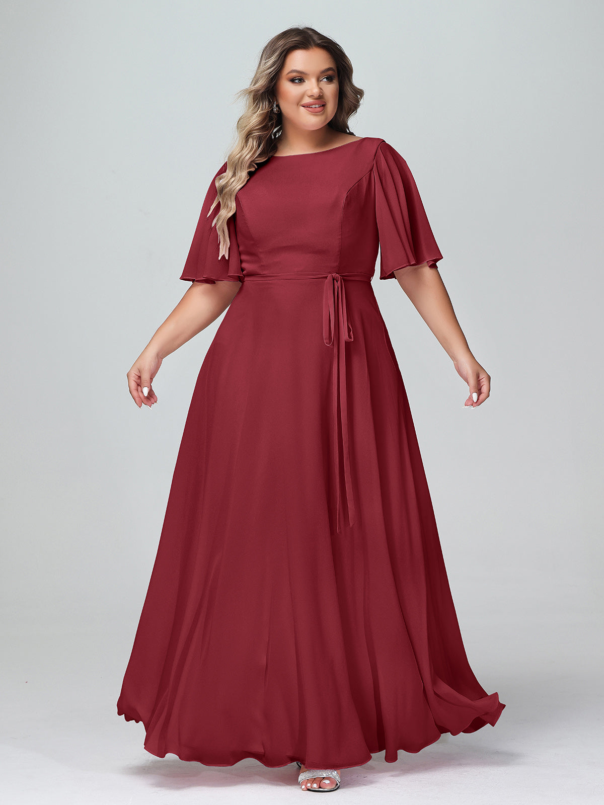 Flutter Sleeves Long Chiffon Dresses with Sash Bow Dusty Blue Plus Size main image 0