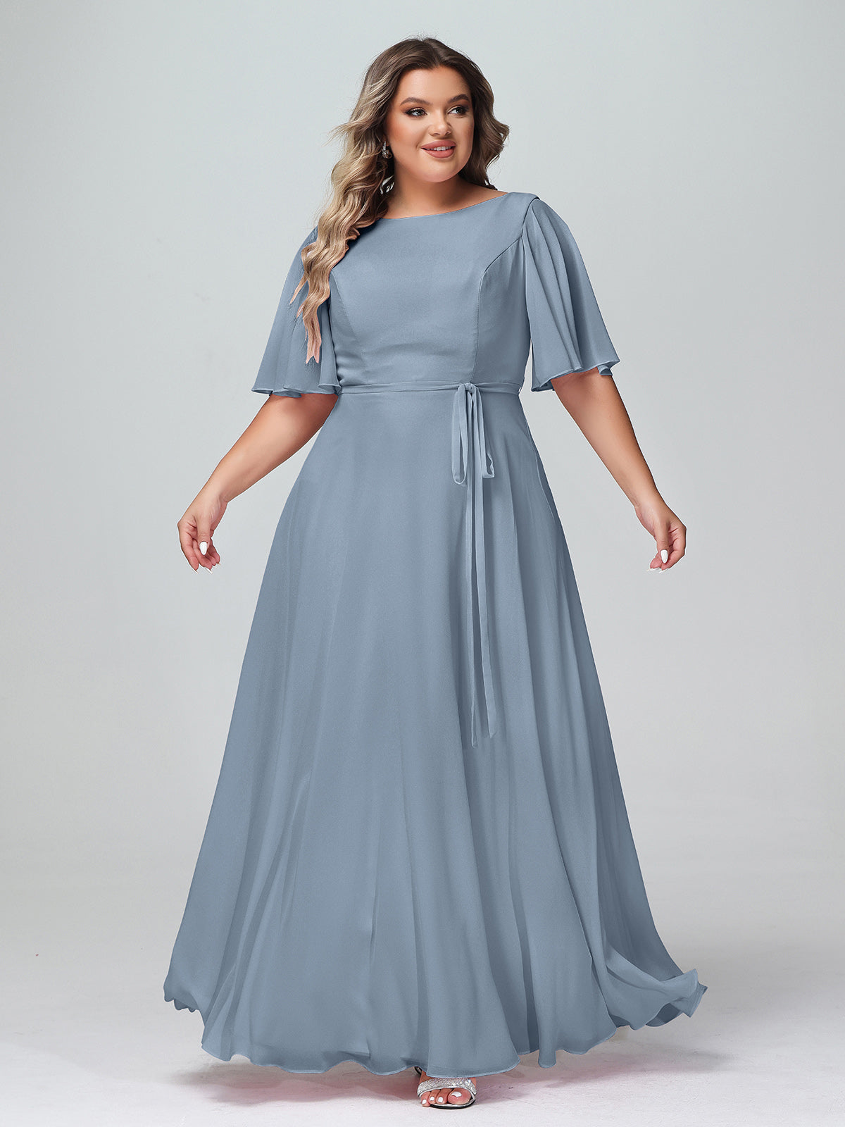 BABARONI Chiffon Dusty Blue Bridesmaid Dresses Bateau Floor-length
