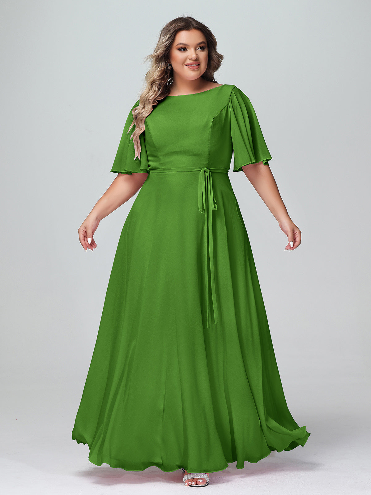 One FLUTTER SLEEVE Long Chiffon Dresses Watermelon Plus Size