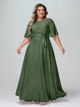 Flutter Sleeves Chiffon Max Dresses with Sash Bow-Olive Green Plus Size