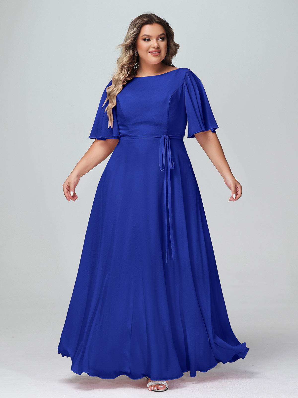 Flutter Sleeves Chiffon Max Dresses with Sash Bow-Royal Blue Plus Size