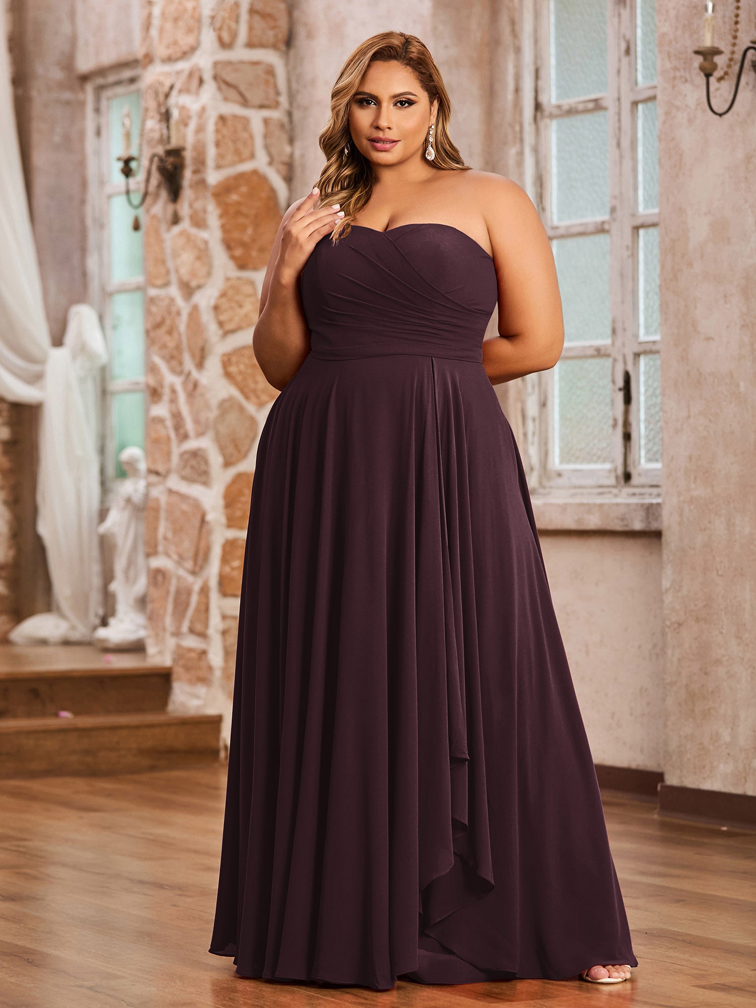 Strapless Sweetheart Neck Chiffon Long Dresses-Cabernet Plus Size