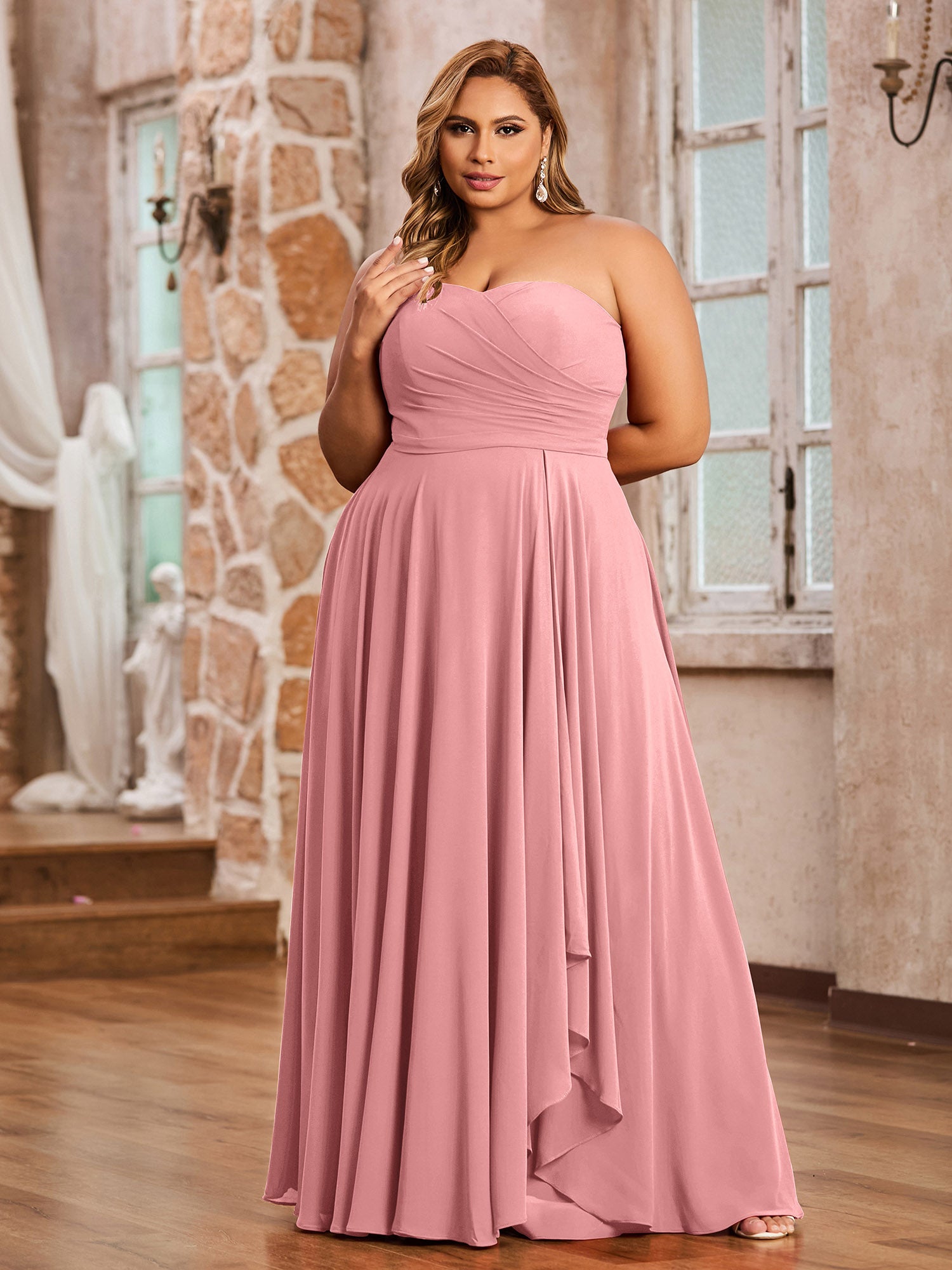 V neck Chiffon Long Dresses with Straps Flamingo main image 0