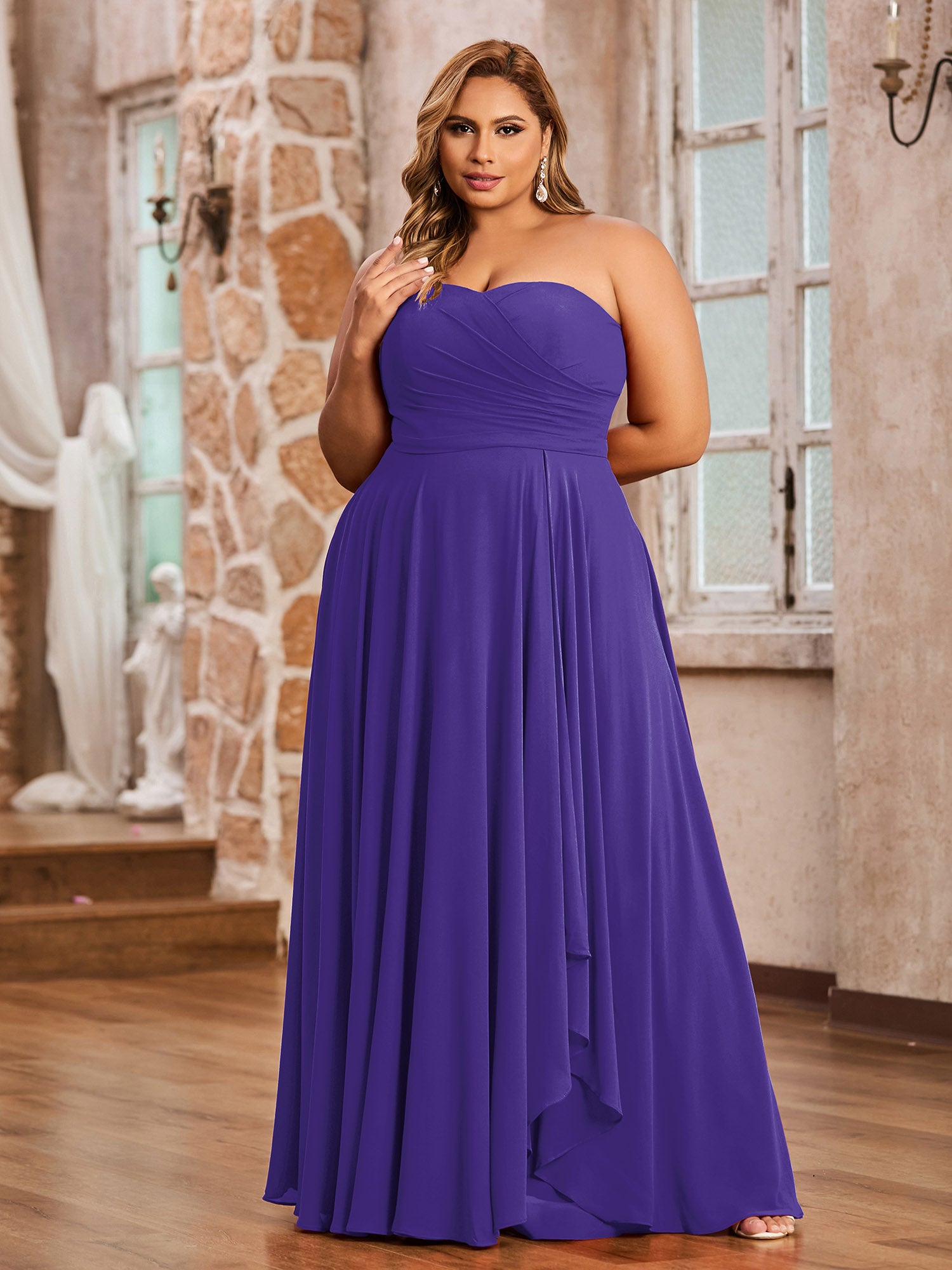 V neck Chiffon Long Dresses with Straps Candy Pink Plus Size
