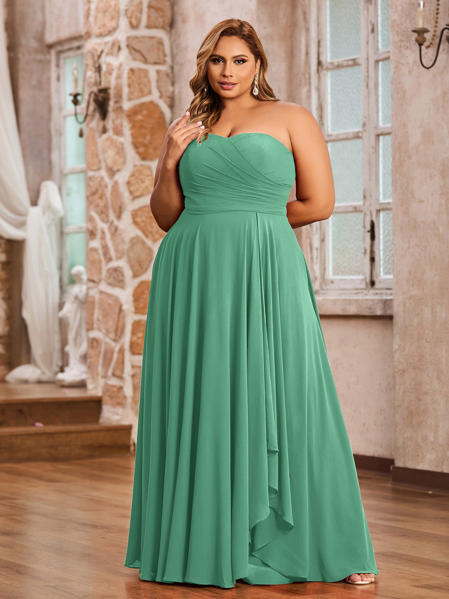 Single Shoulder Knee-length Chiffon Dresses Turquoise Plus Size