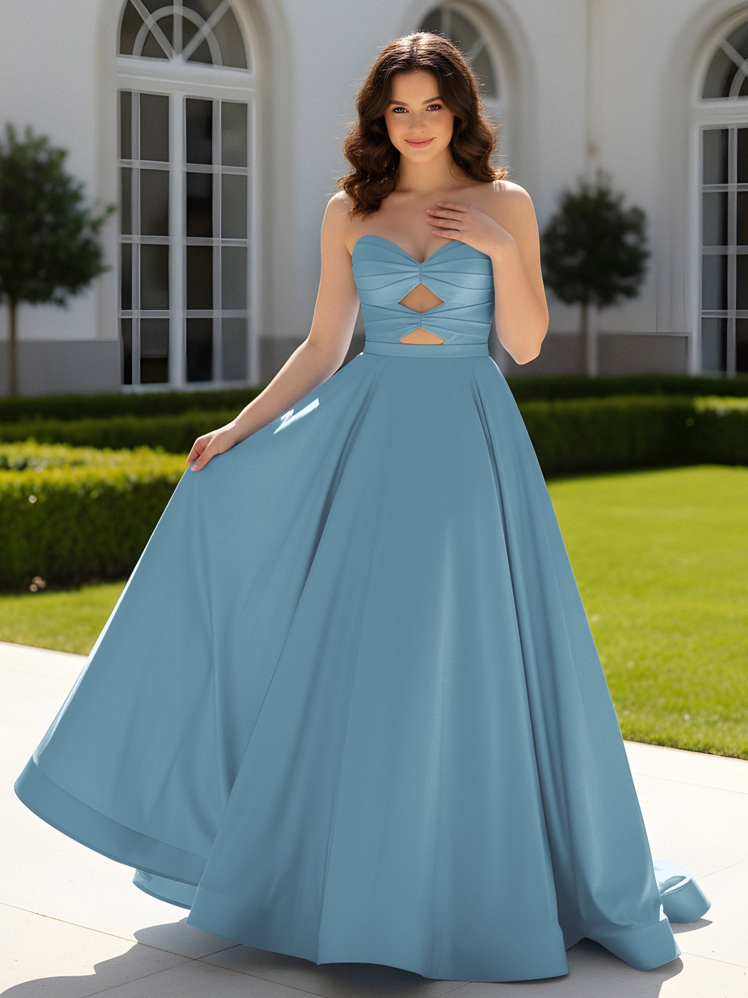 BABARONI Satin Slate Blue Prom Dresses Ball Gown Sweetheart Sleeveless