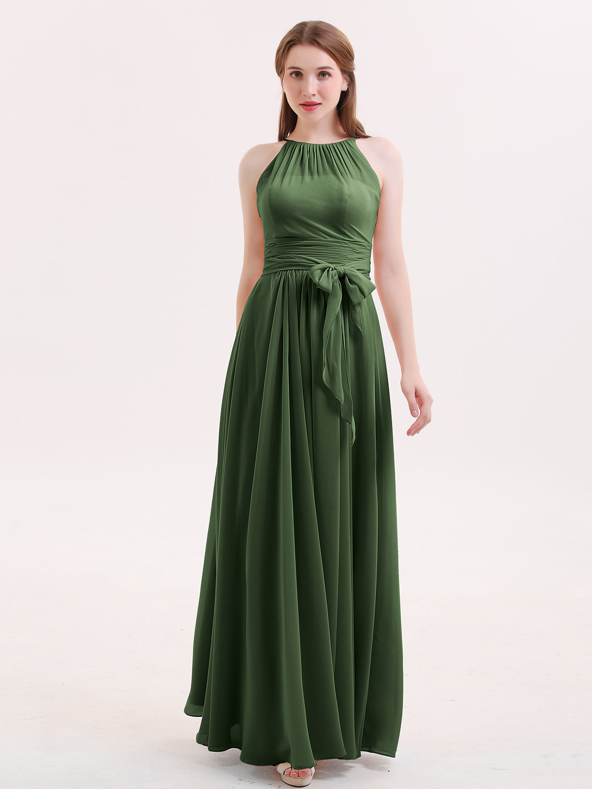 Simple Chiffon Halter Dress for Bridesmaid with Slit Dark Green Plus Size