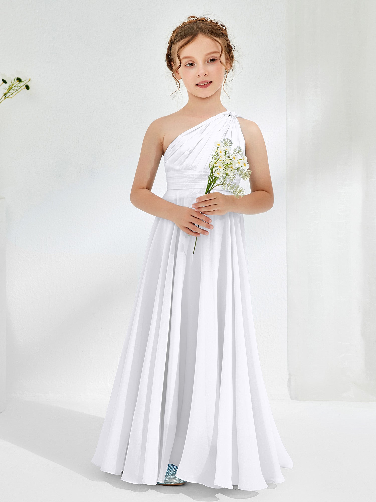 BABARONI Chiffon White Junior Bridesmaid Dresses A-line One Shoulder