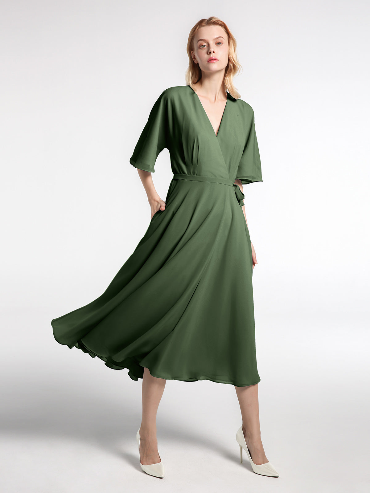 BABARONI V-neck Half Sleeves Tea Length Chiffon Dress-Olive Green, Olive Green / US0
