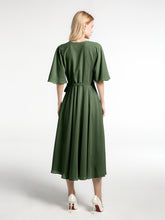 V-neck Half Sleeves Tea Length Chiffon Dress-Olive Green