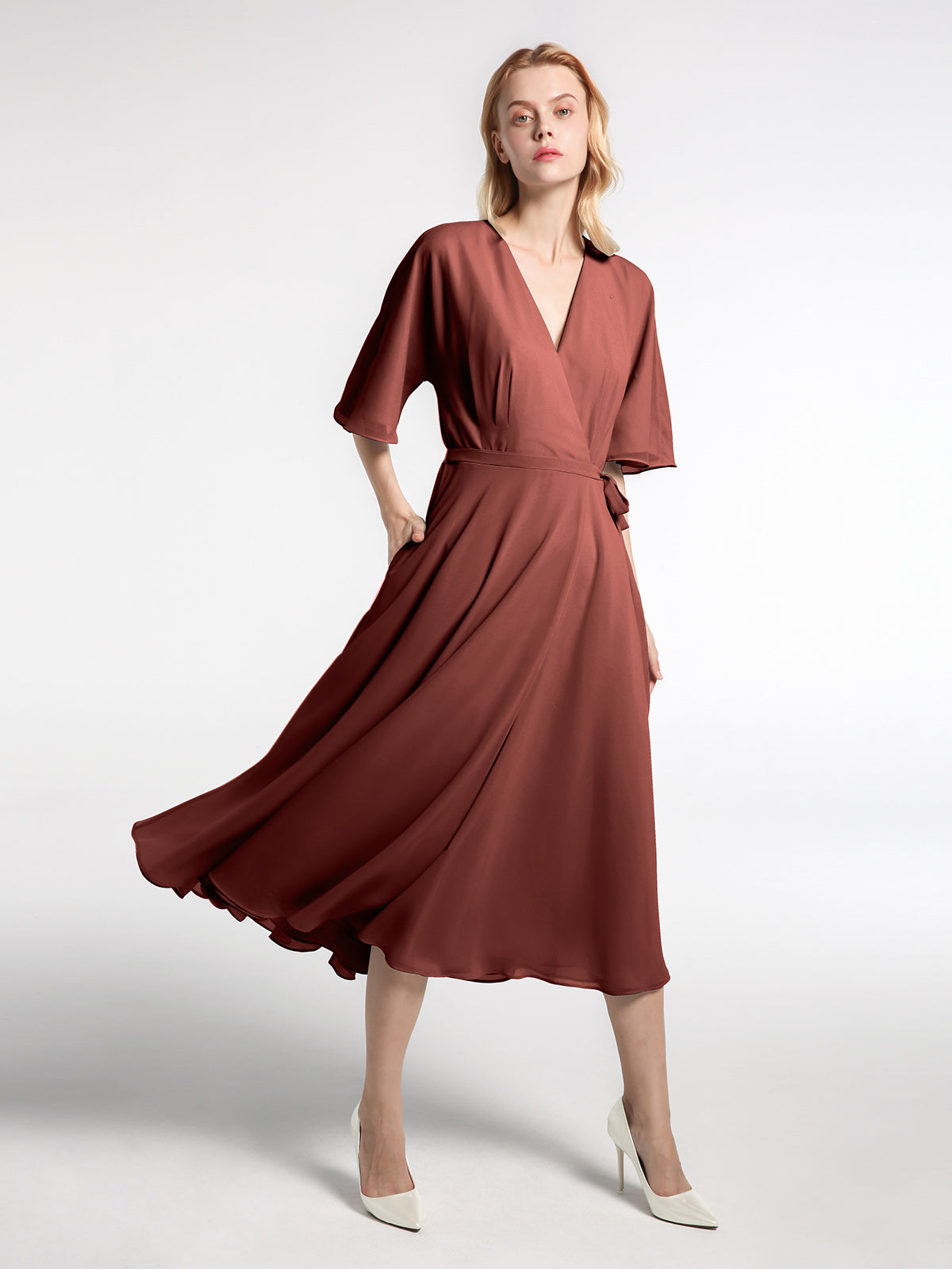 V-neck Cap Sleeves Chiffon Gown with Self-Bow Terracotta Plus Size
