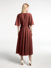 V-neck Half Sleeves Tea Length Chiffon Dress-Terracotta