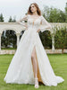 Lace Bodice Plunging V-neck Wedding Dress with Slit Champagne