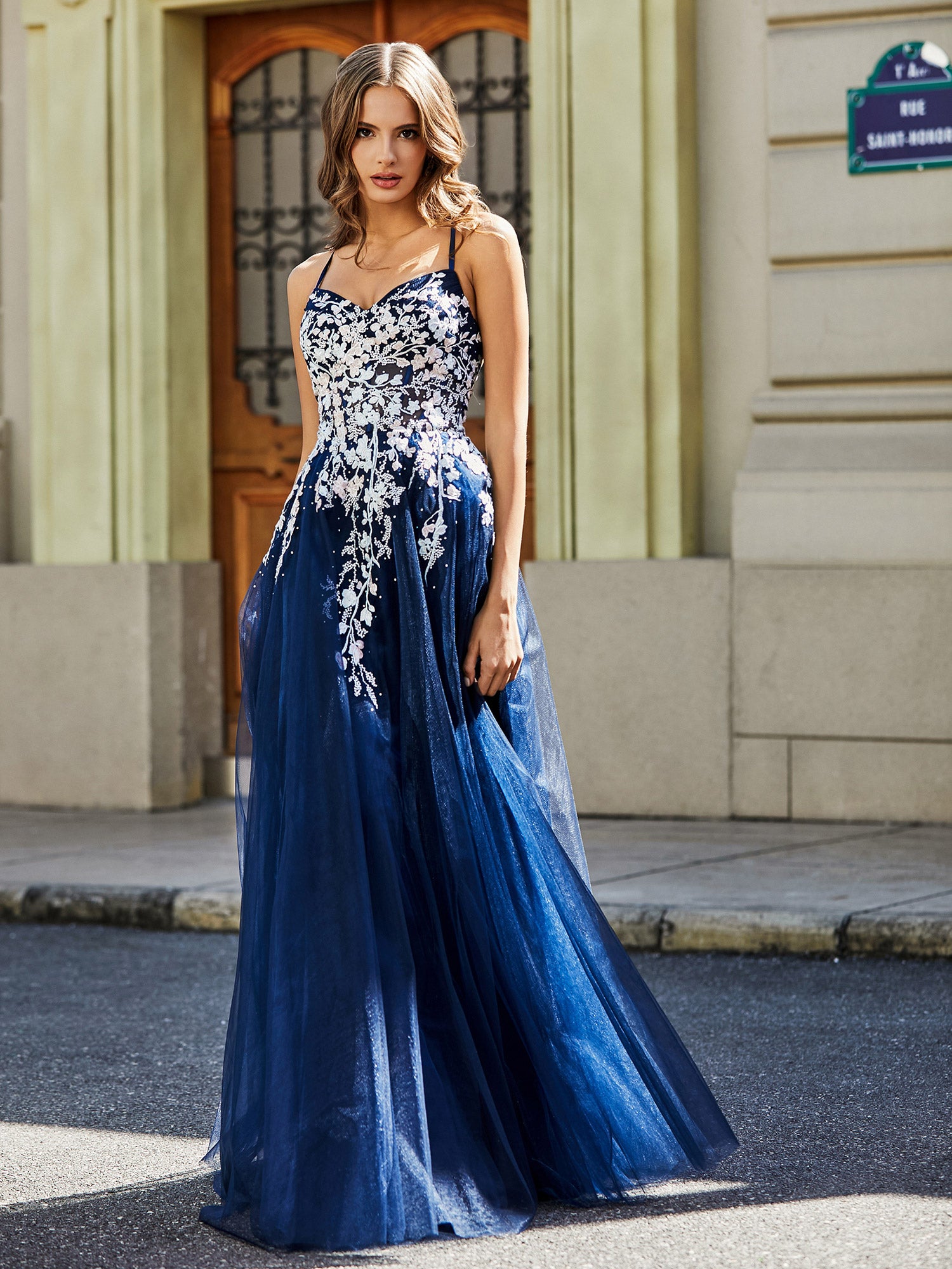 BABARONI Tulle Lace Dark Navy Prom Dresses A-line Sweetheart Spaghetti Straps Appliqued Ruched, Dark Navy / US0