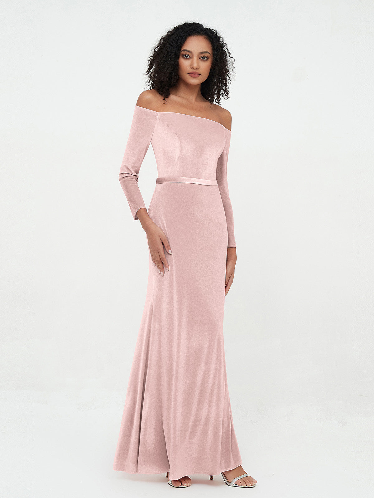 BABARONI Velvet Pearl Pink Bridesmaid Dresses Off-the-shoulder Floor-length Long Sleeve Sheath/Column, Pearl Pink / US18