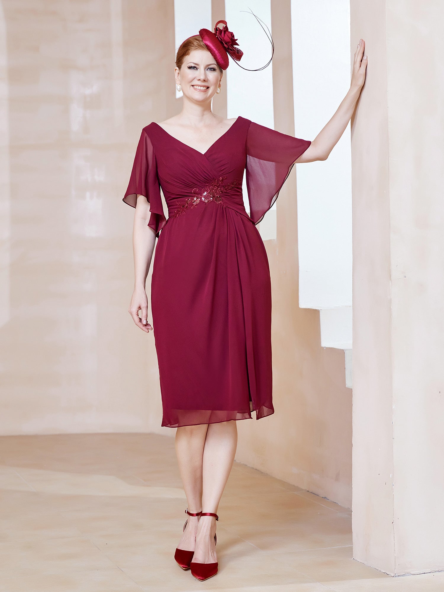 BABARONI Chiffon Mother of the Bride Short Dress with V-Neck, Flutter Sleeves and Sequin Appliqué