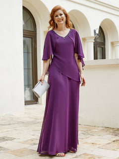 Dress Adorned with Beaded Elegance and Flutter Sleeves-Grape