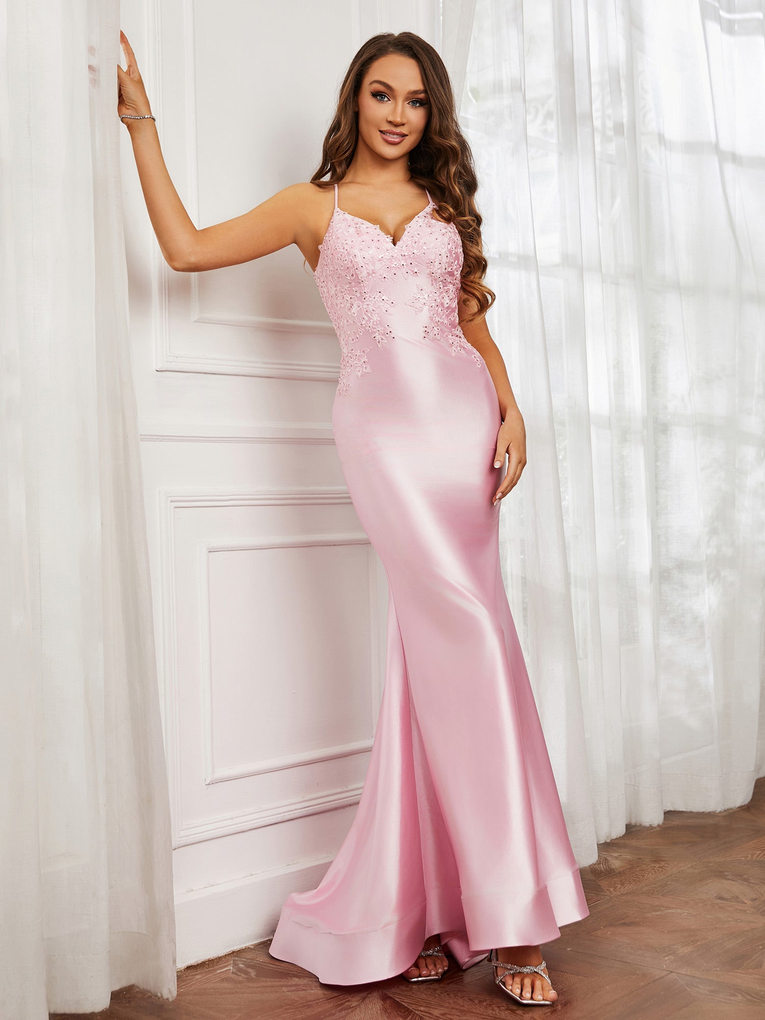 BABARONI BABARONI Stretch Satin Blushing Pink Prom Dresses Trumpet/Mermaid V-neck Spaghetti Straps Rhinestone Appliqued, Blushing Pink / US0 BABARONI BABARONI Stretch Satin Blushing Pink Prom Dresses Trumpet/Mermaid V-neck Spaghetti Straps Rhinestone Appliqued, Blushing Pink / US0