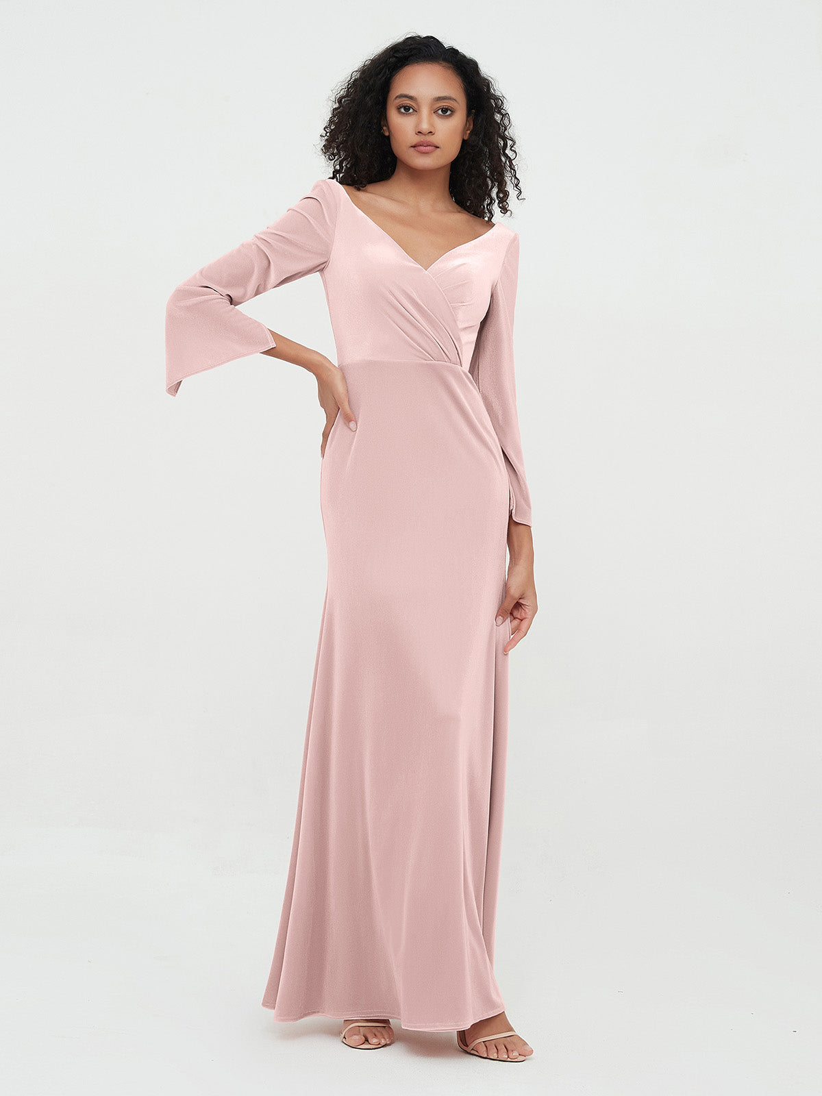 BABARONI Velvet Dusty Rose Bridesmaid Dresses V-neck Floor-length Long Sleeve Trumpet/Mermaid, Dusty Rose / US18