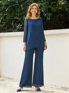 Elegant Chiffon Pant Suit with Long Sleeves-Navy Blue