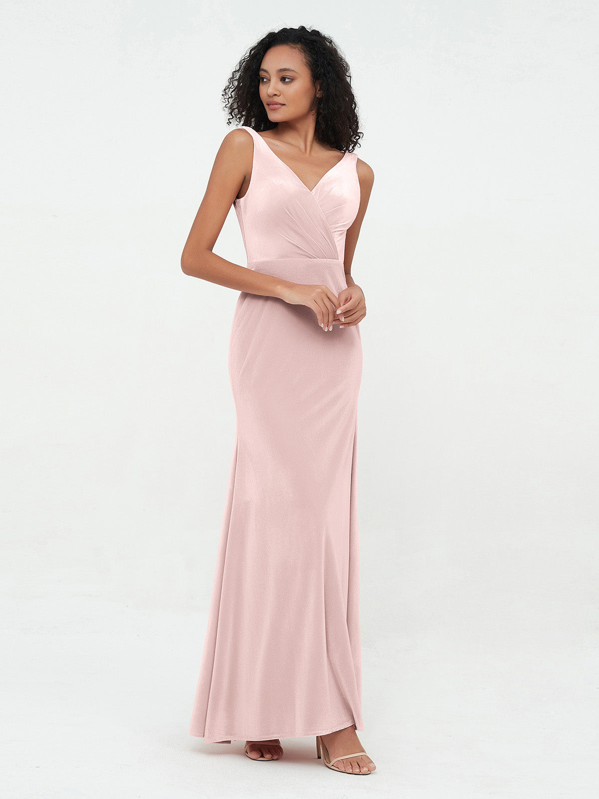 BABARONI Velvet Dusty Rose Bridesmaid Dresses V-neck Floor-length Sleeveless Pleated Trumpet/Mermaid, Dusty Rose / US18