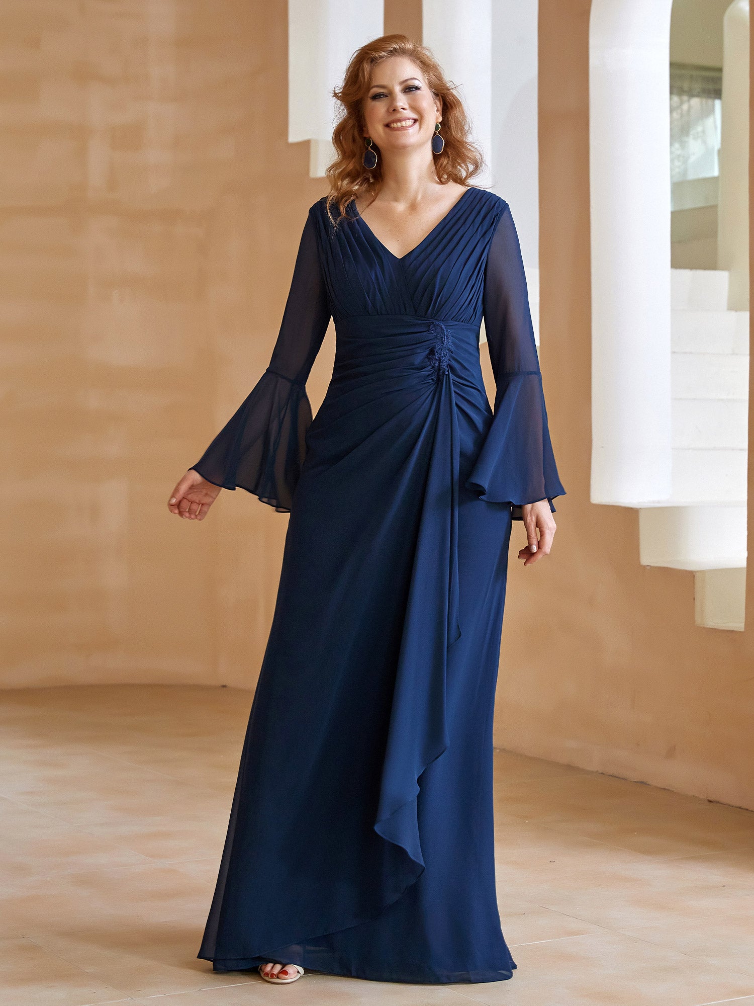 BABARONI Chiffon Dark Navy Mother of the Bride Dresses Column V-neck