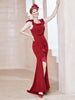 Flutter Sleeves Ruffle Sheath Dress With Slit Red
