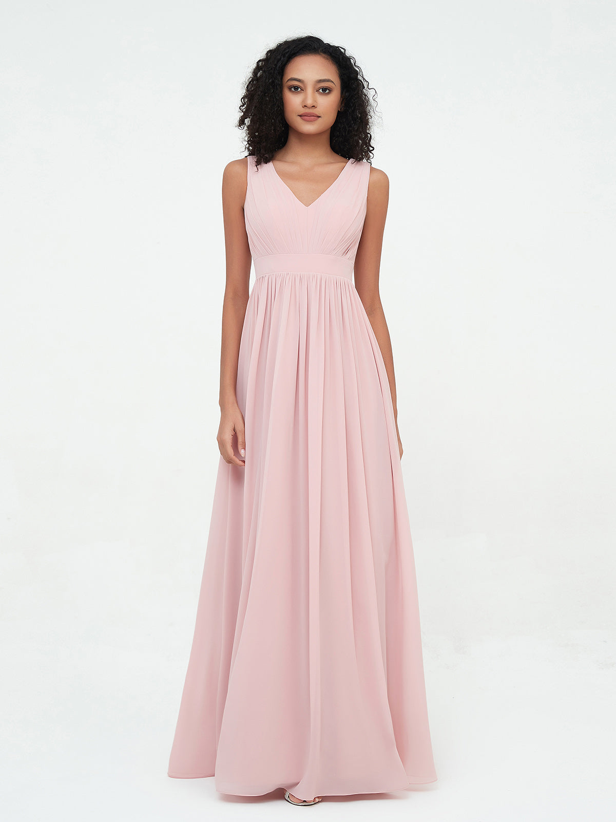V neck Chiffon Long Dresses with Open Back Dusty Rose
