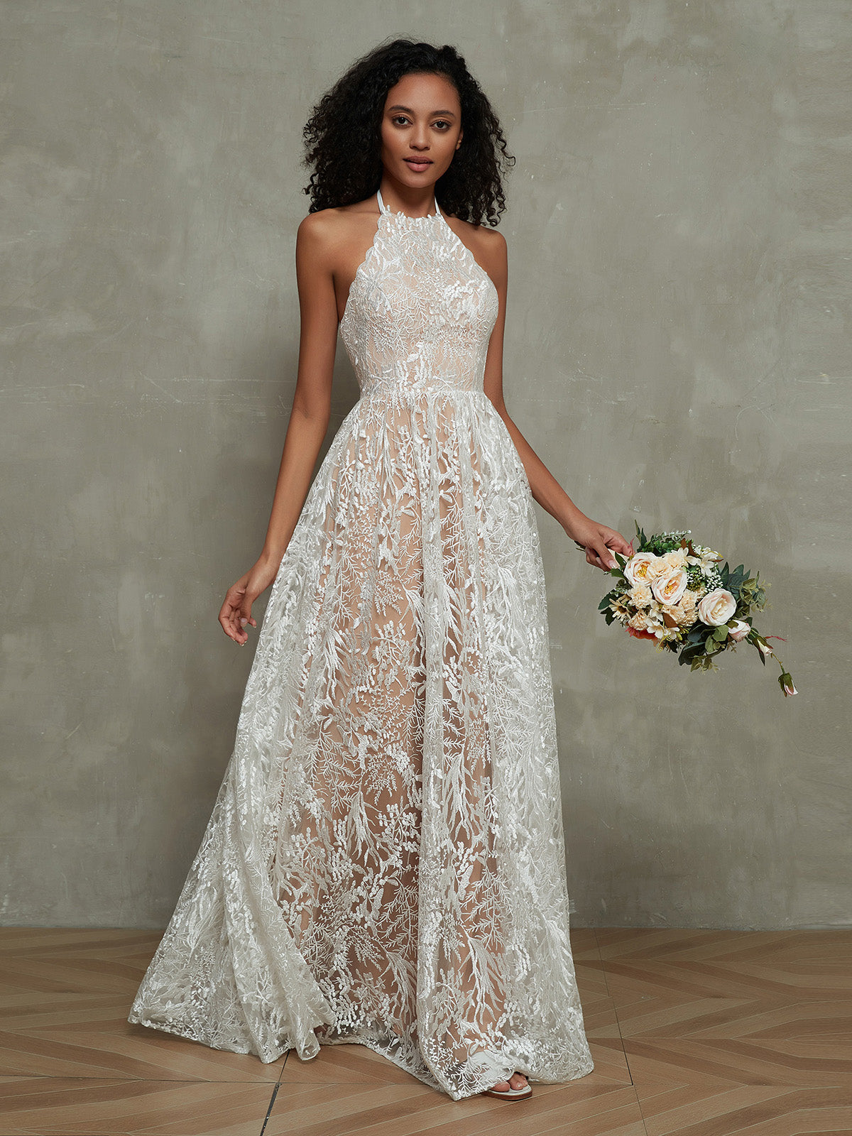 BABARONI Lace Champagne Wedding Dresses A-line Halter Lace Floor-length Lace-up, Champagne / US0