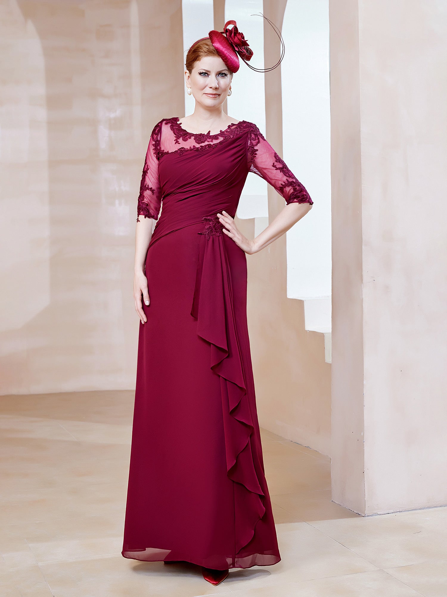 BABARONI Chiffon Mother of the Bride Dress with Scoop Lace Neckline Ruffles Sheath Gown