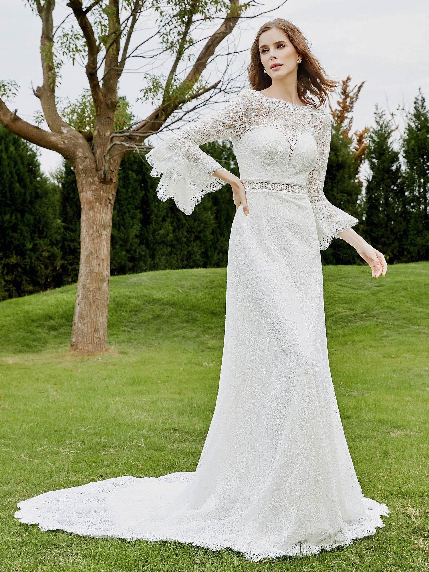 Illusion Neckline 3/4 Sleeves Lace A-line Wedding Dress-Champagne