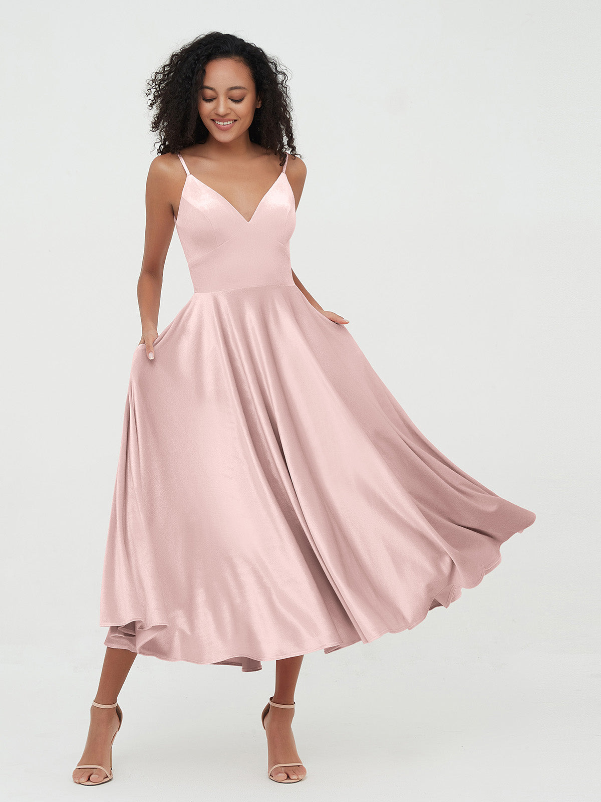 BABARONI Velvet Dusty Rose Bridesmaid Dresses V-neck Tea-length Spaghetti Straps Pocket A-line, Dusty Rose / US18