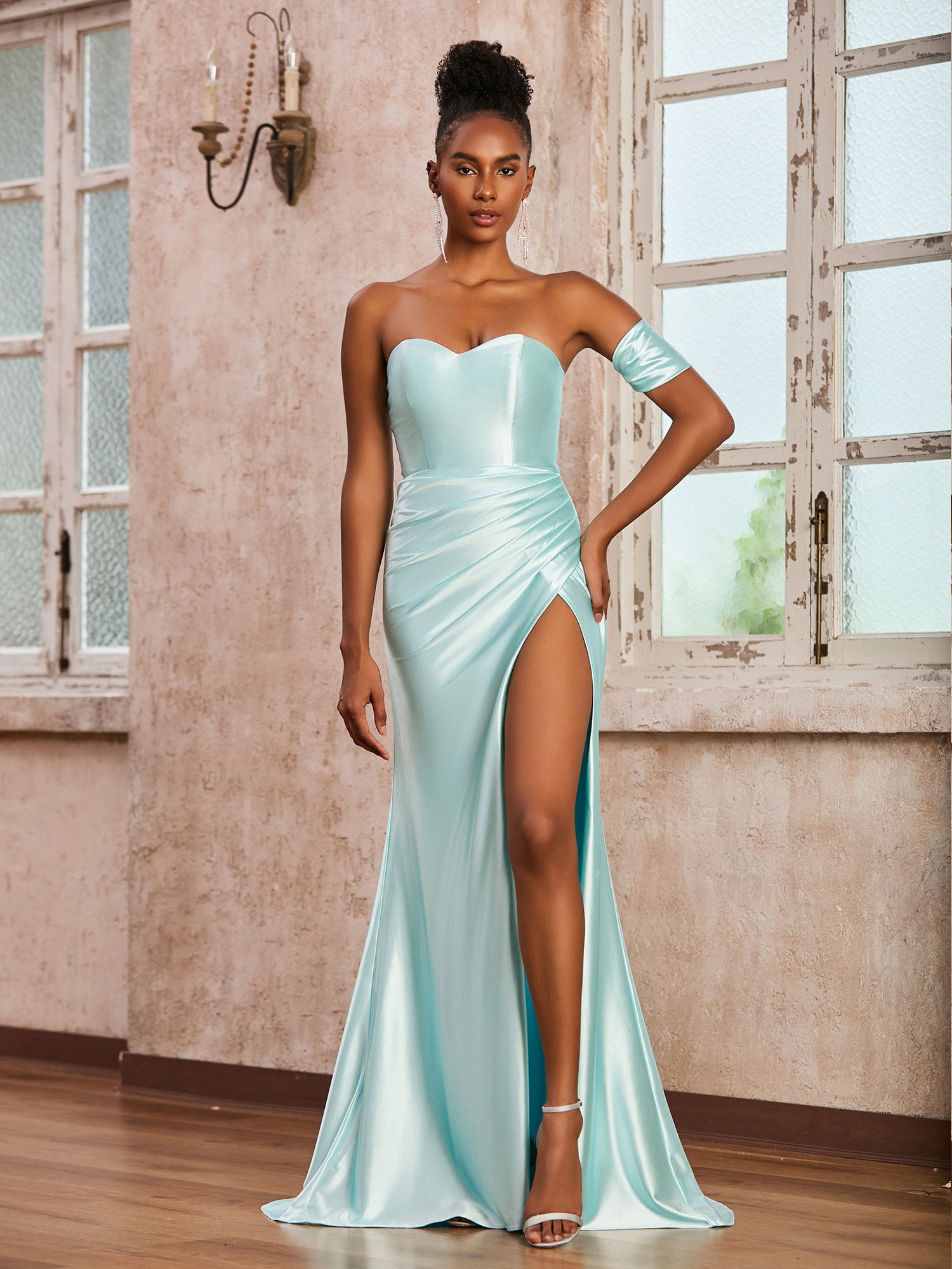 BABARONI Stretch Satin Steel Grey Bridesmaid Dresses Sweetheart Sweep Train Sleeveless Ruched with Slit Mermaid, Steel Grey / US0